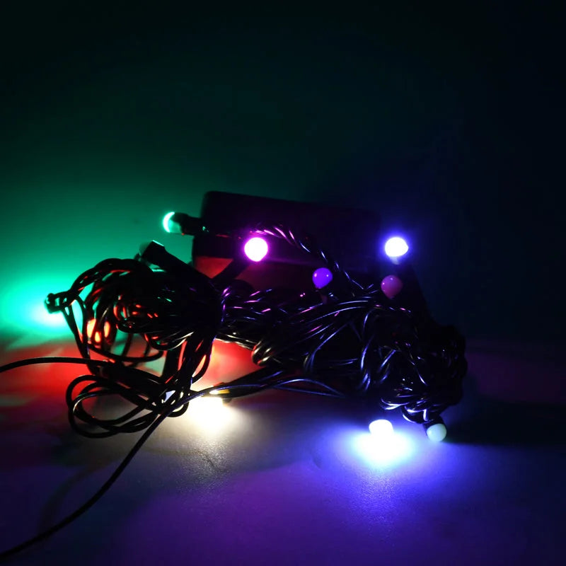 Festival string lights with multicolor bulbs on black wire