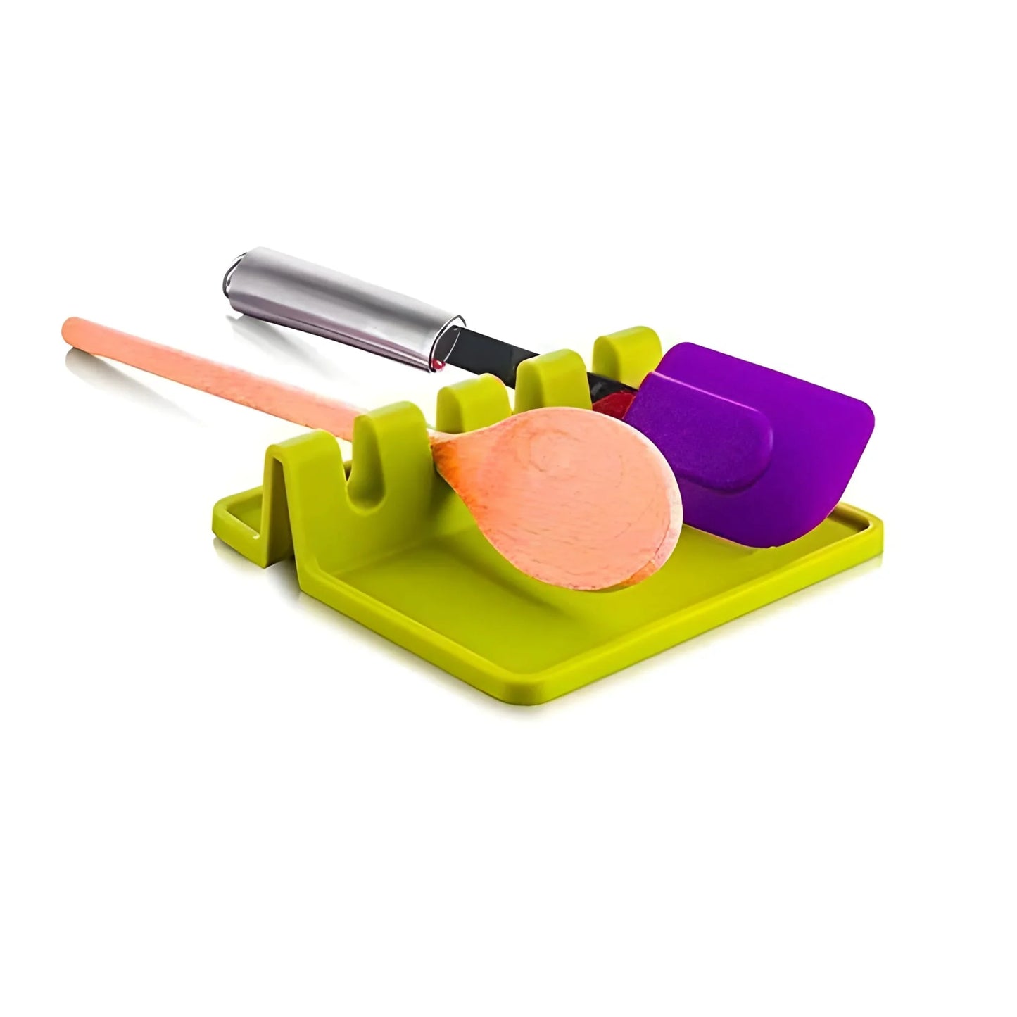 Kitchen utensil holder rest with green tray and purple slot insert