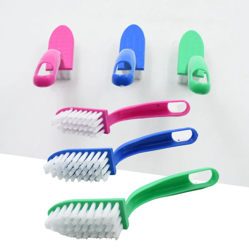 Multi-purpose cleaning brush set with colored handles and white bristle heads