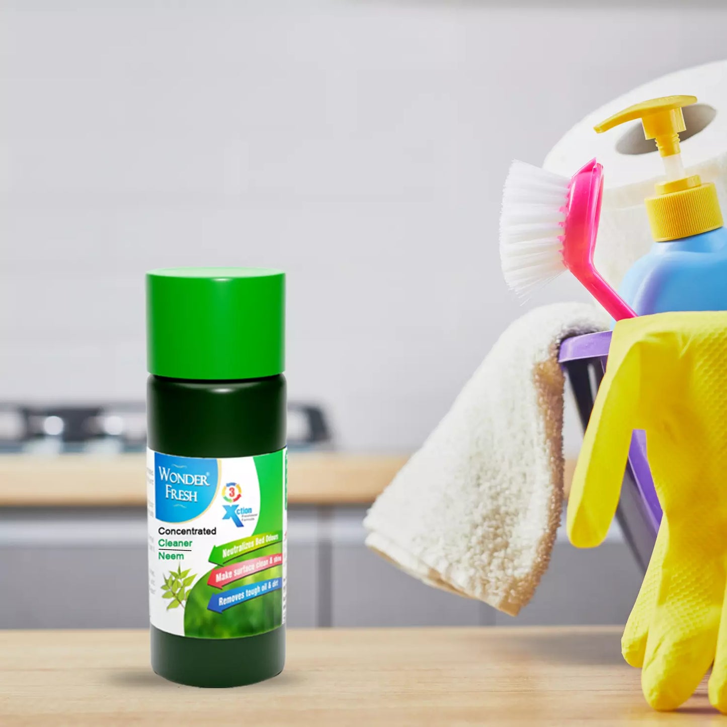 Floor cleaner liquid bottle with green cap, dark green body and label