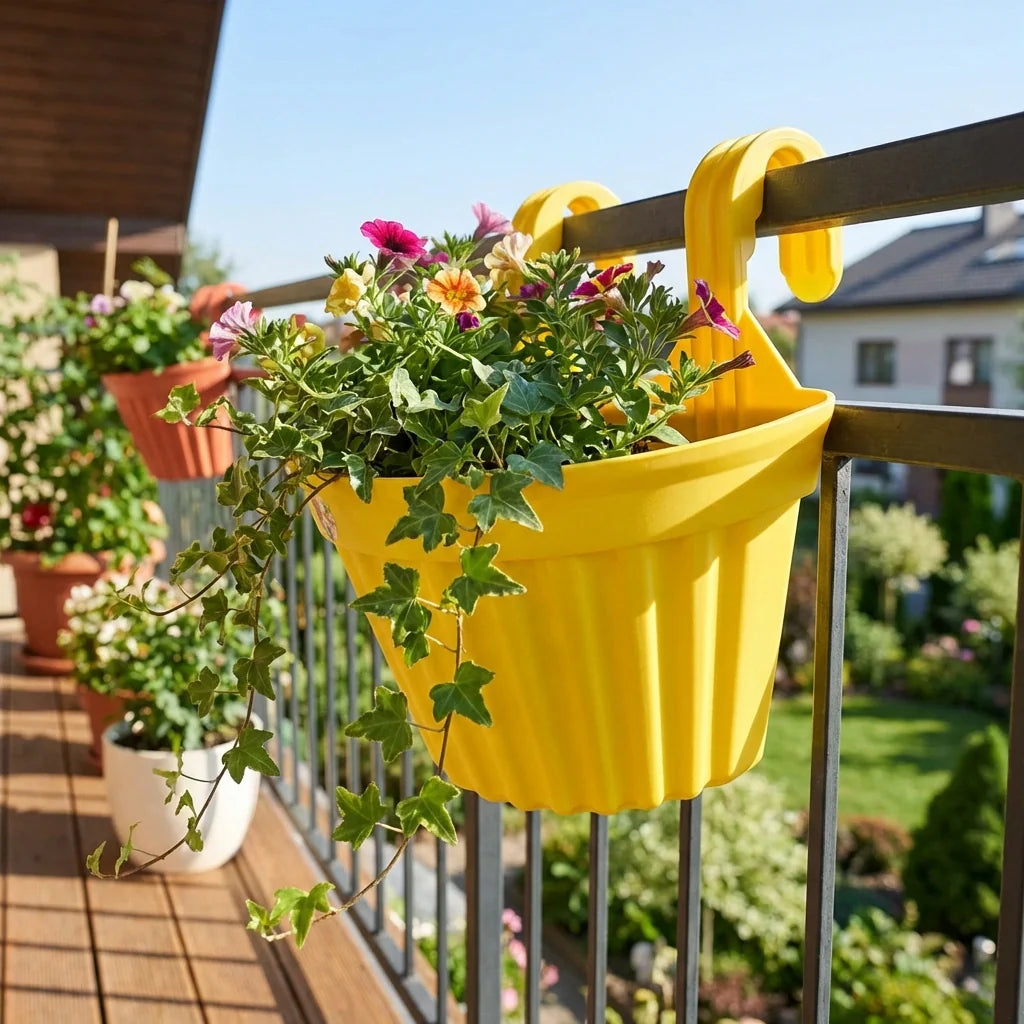 Yellow hanging plastic planter with green trailing plants and small pink flowers