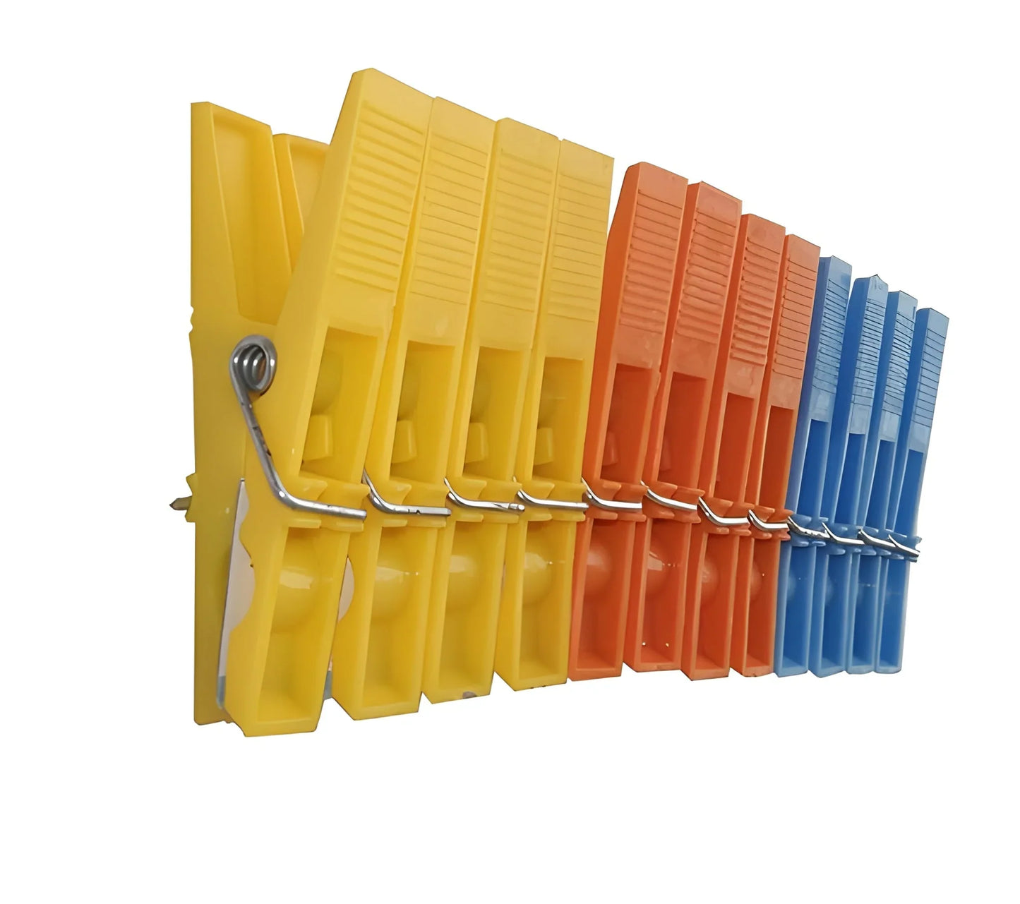 Set of 12 multipurpose cloth clips in yellow, orange, and blue, metal spring