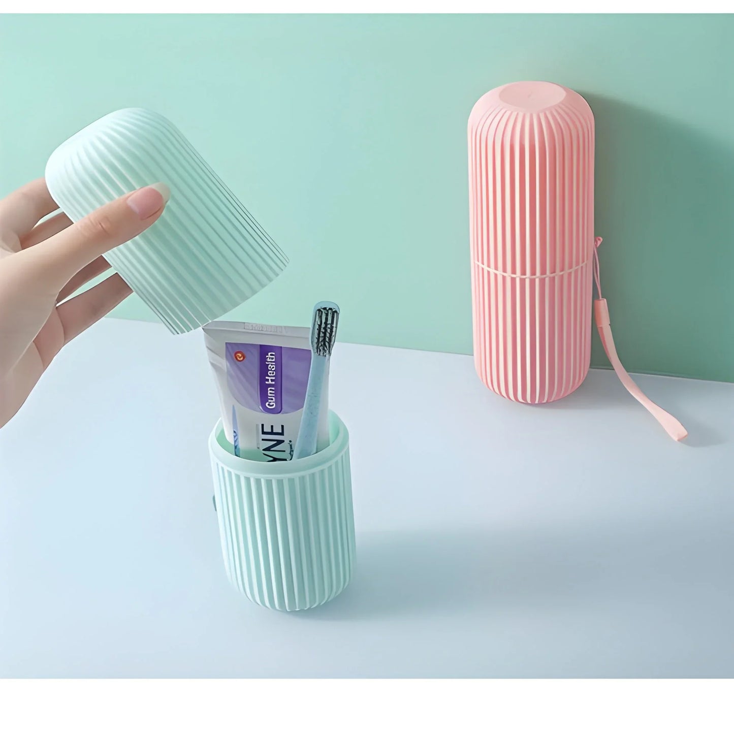 Ribbed mint capsule storage bottle with open top and carry loop