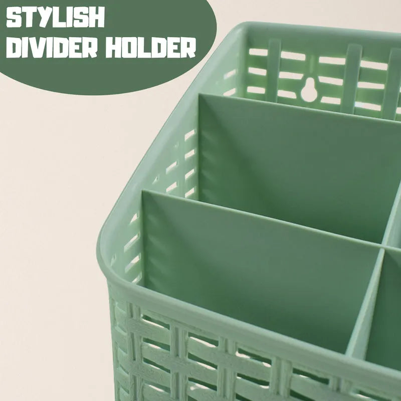 Green plastic divider holder with two compartments and open top