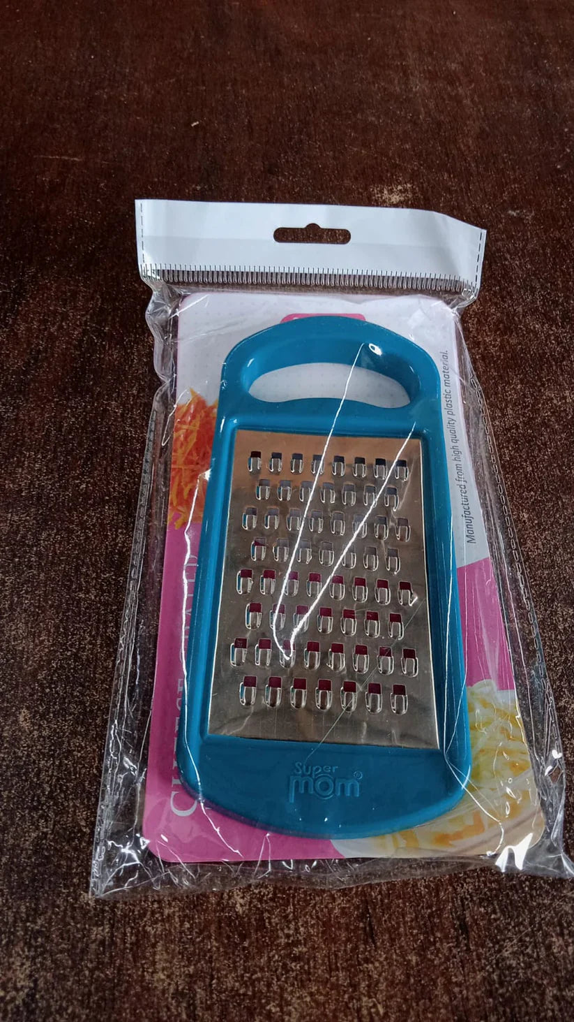 Blue stainless-steel multipurpose kitchen grater in retail packaging