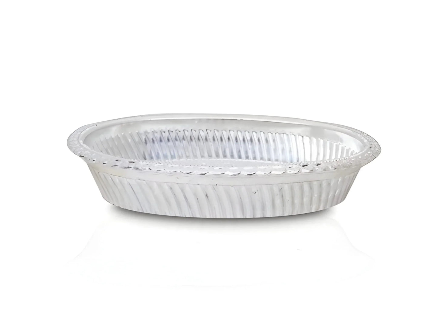 Oval silver gift tray with ribbed sides and textured ridges at the bottom