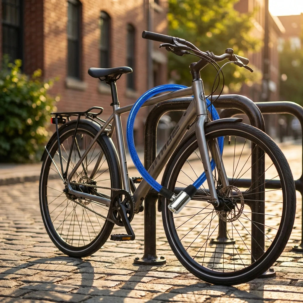 Security cable lock with blue coiled cable attached to bicycle frame and wheel