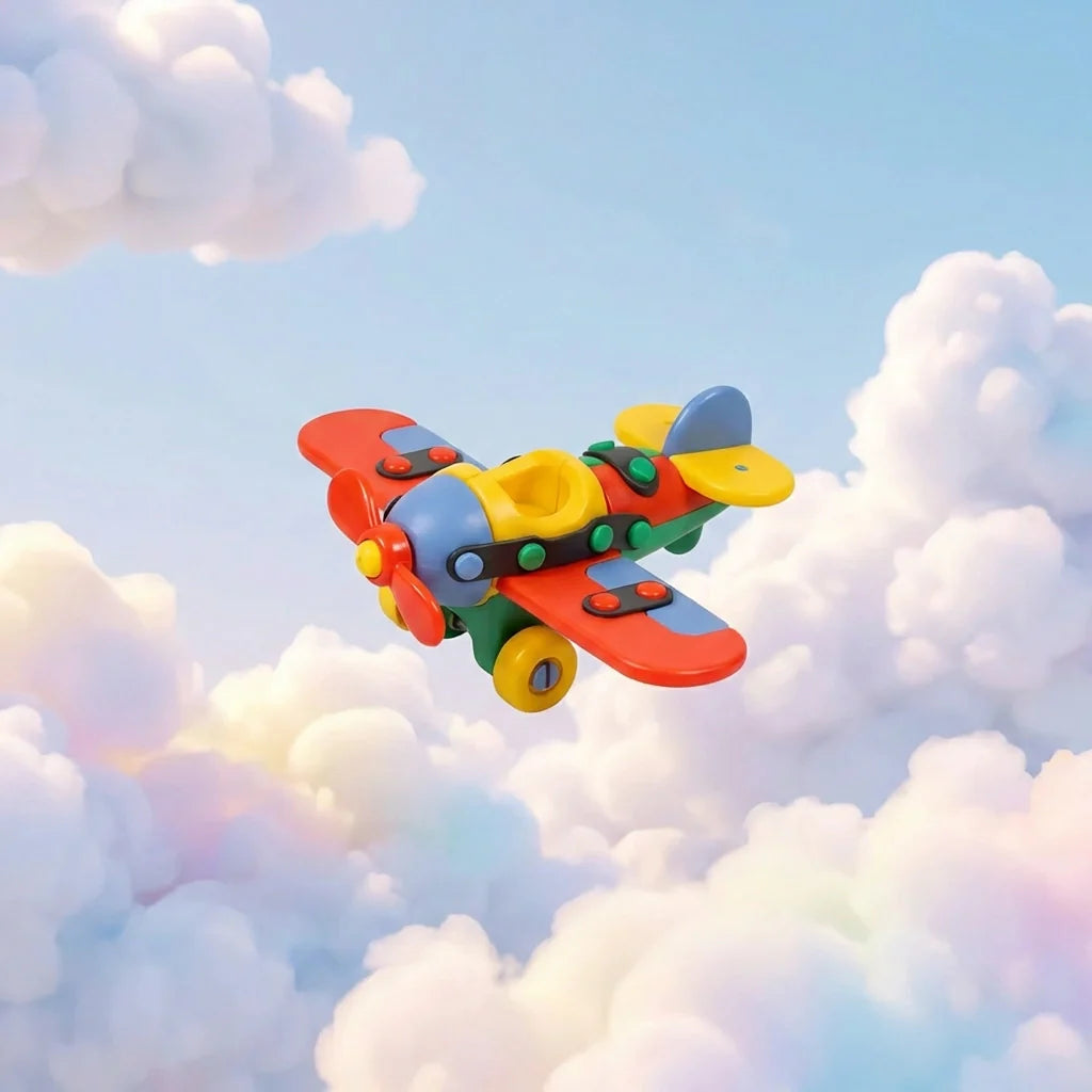 Colorful musical crawling helicopter toy with spinning propeller and red-blue body