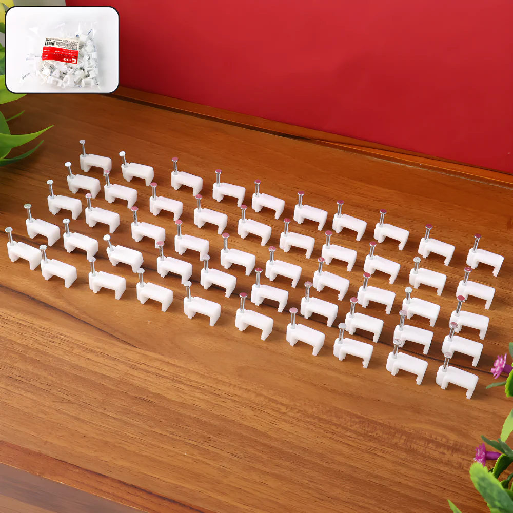White nail cable clips set with multiple U-shaped clips and pins