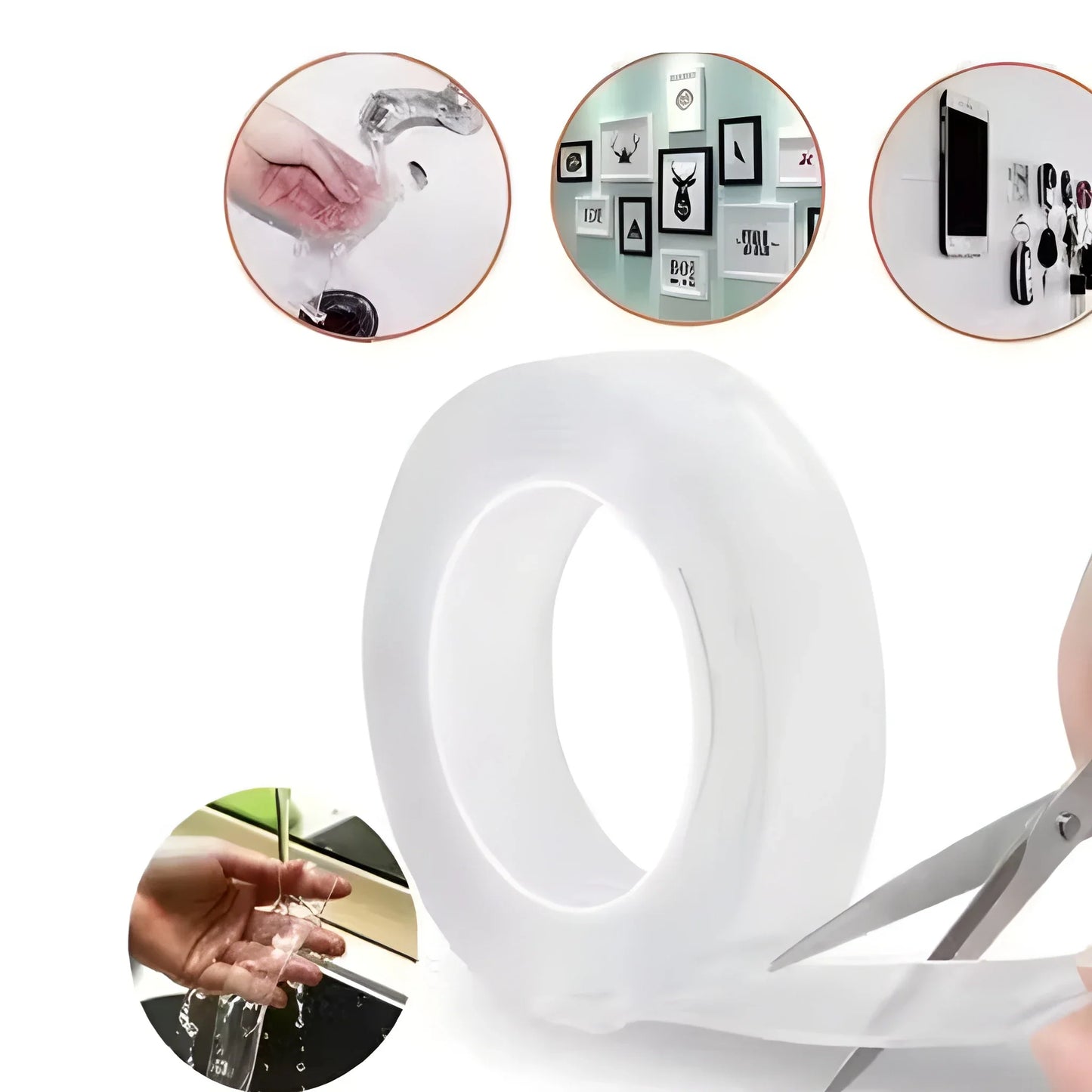 Adhesive gel tape roll with clear backing liner, flexible strip for mounting