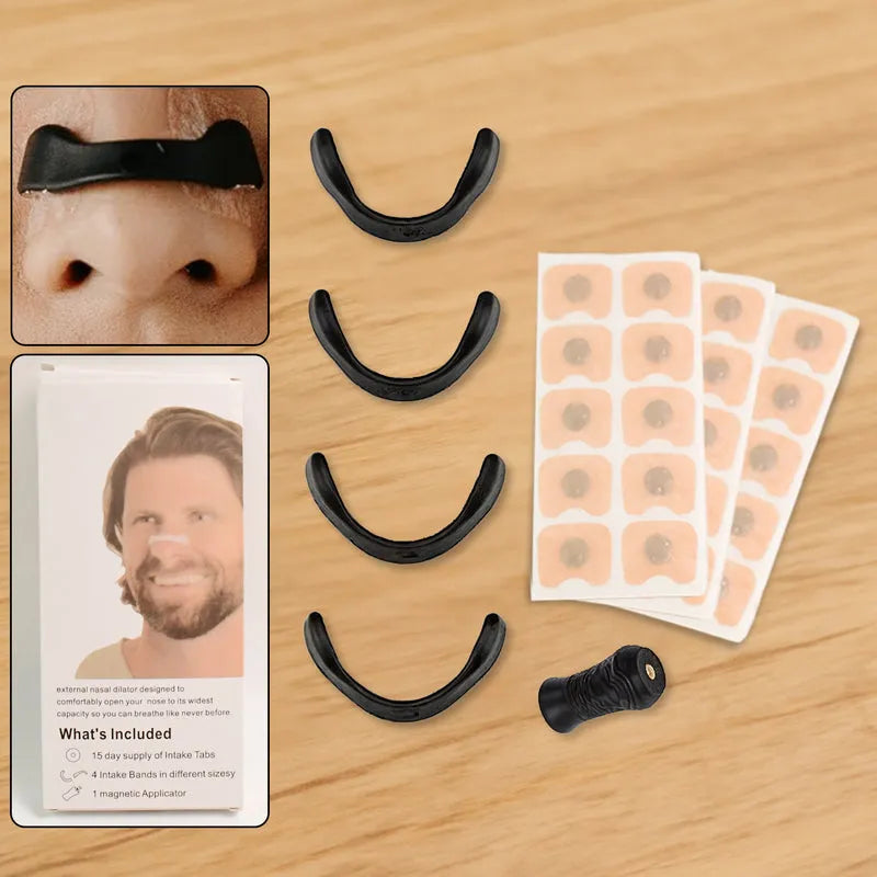 Nasal strip starter kit with black nasal strips and adhesive gel pad sheets