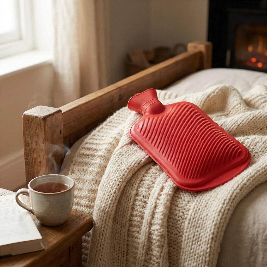 Red ribbed hot water bag with fabric cover on a knitted blanket