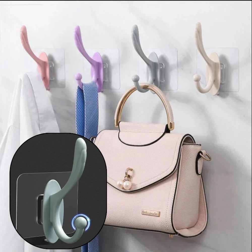 No-drill adhesive wall hooks with curved metal hooks and mounting pads