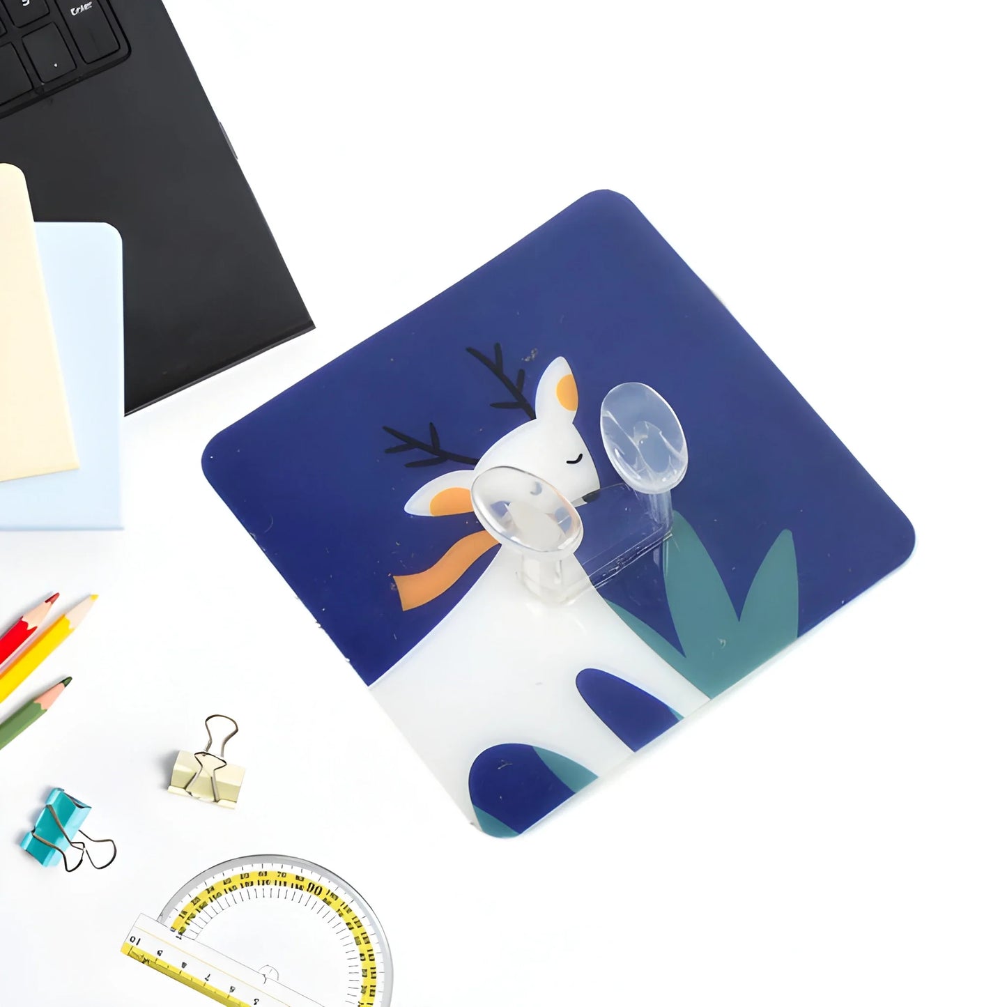 No-drill wall hook with bunny design on blue backing