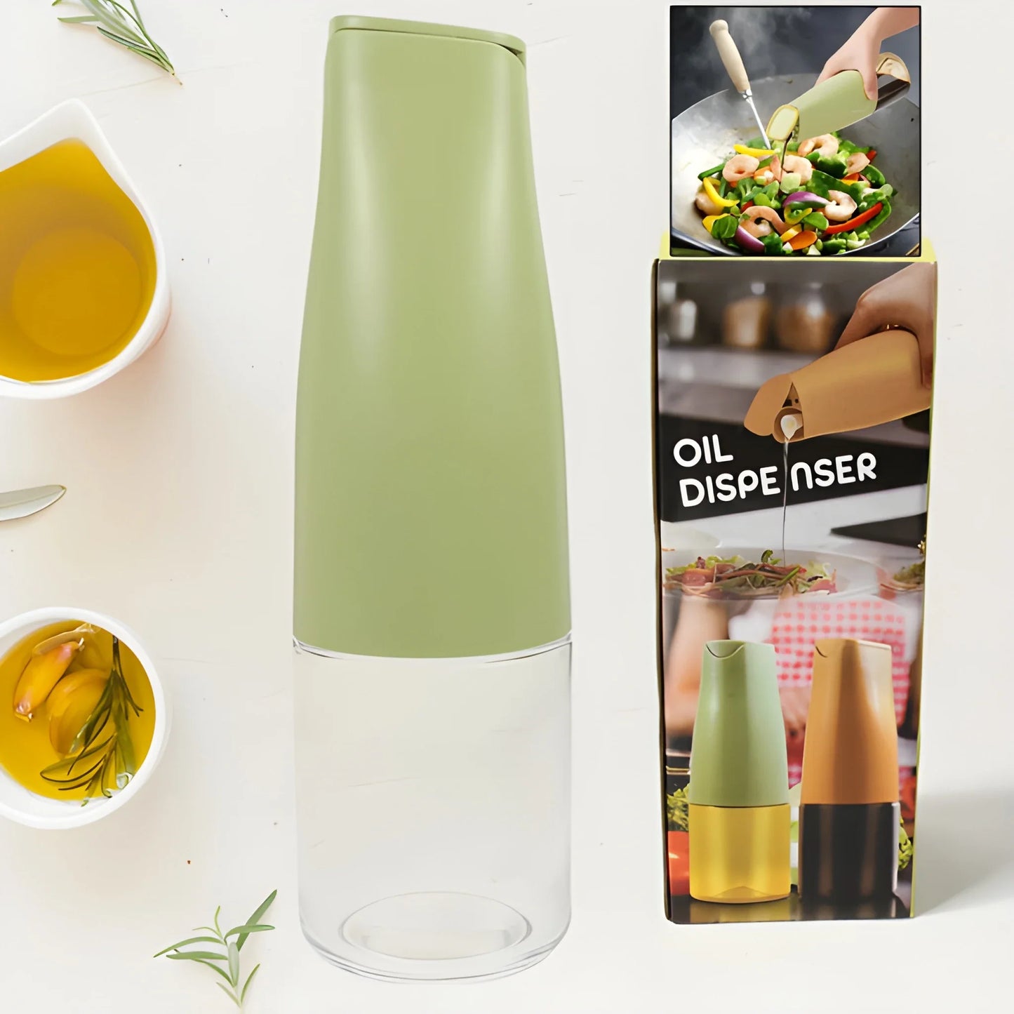 Olive green glass oil dispenser bottle with non-drip pour spout and clear base