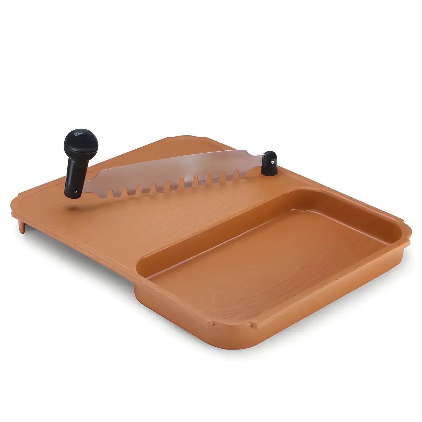 Non-slip cutting board tray with raised ridges and two black handle knobs