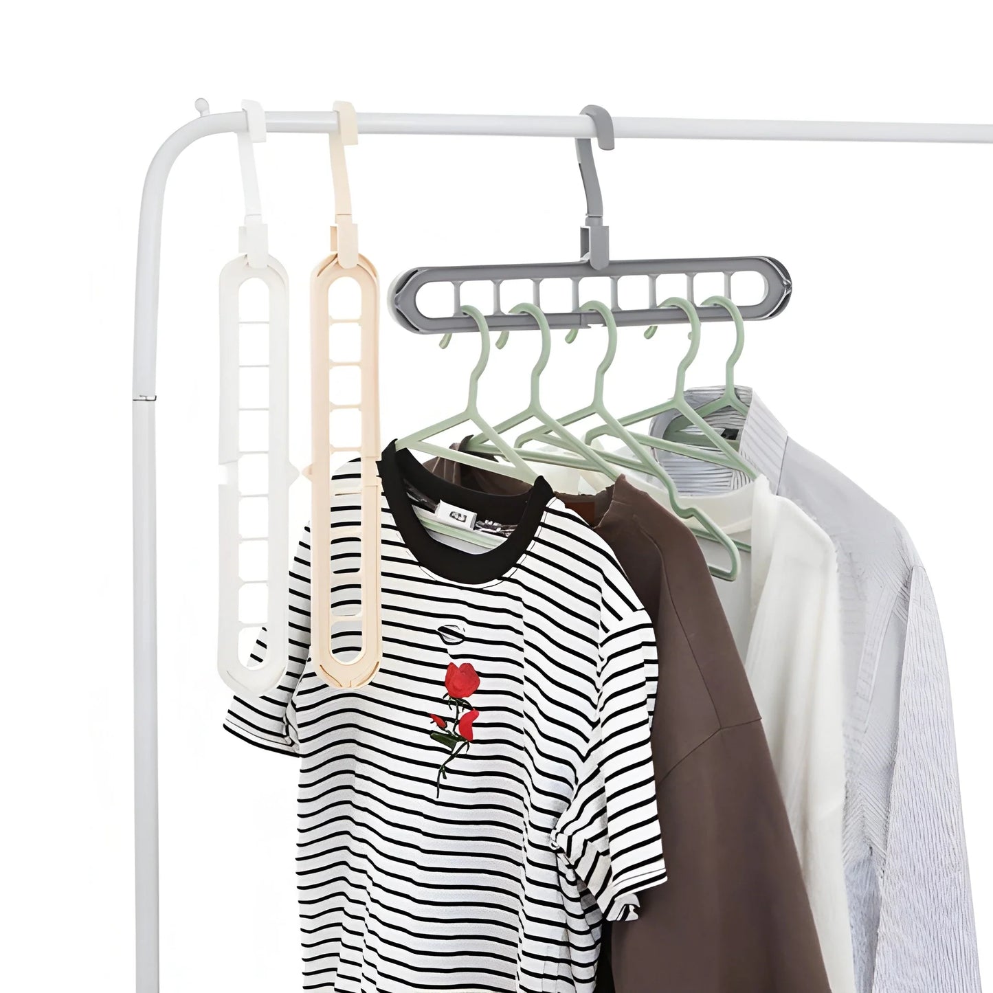 Non-slip space-saving hanger set with slim hooks, holding shirts