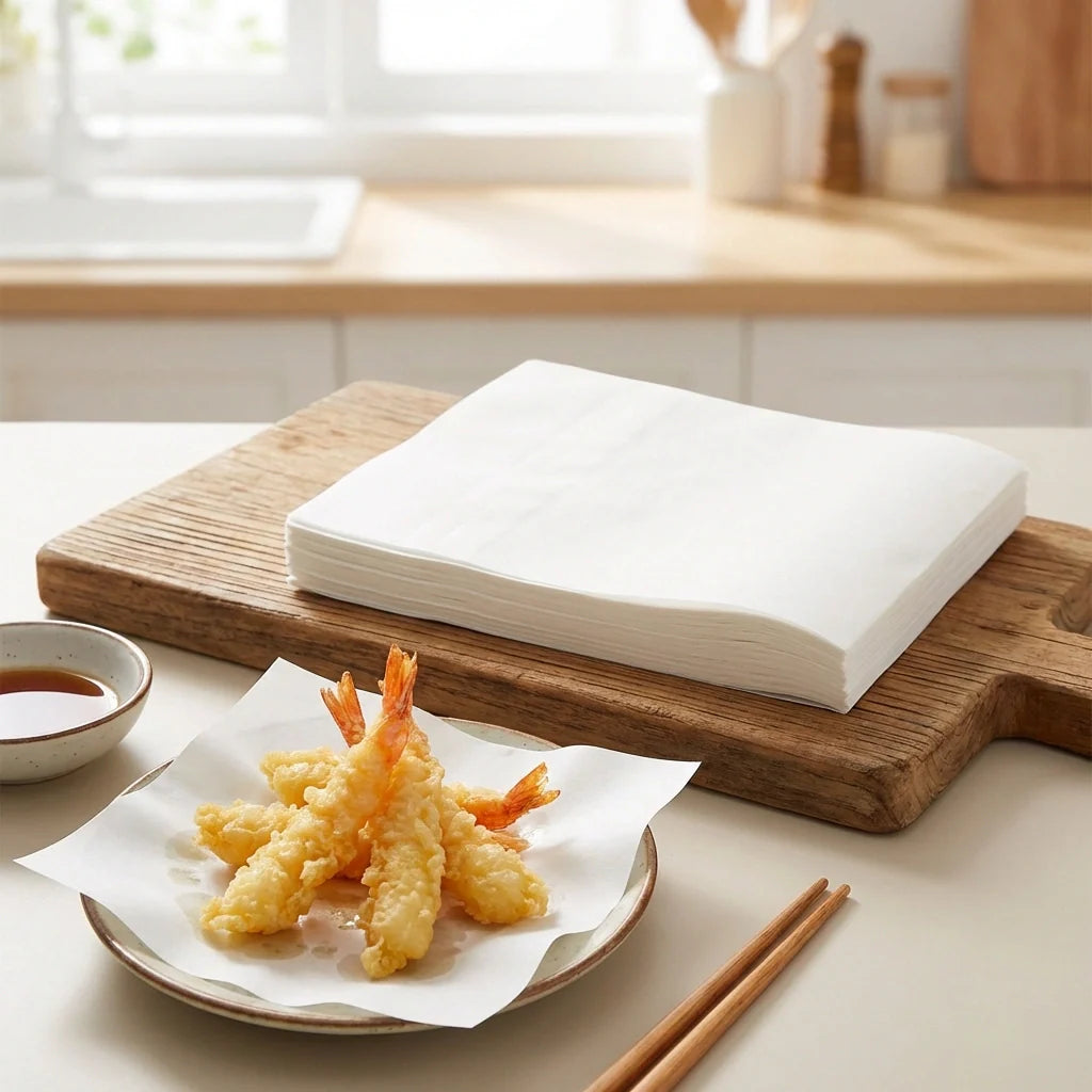 Oil absorbing cooking sheets, stack of white absorbent sheets on a board