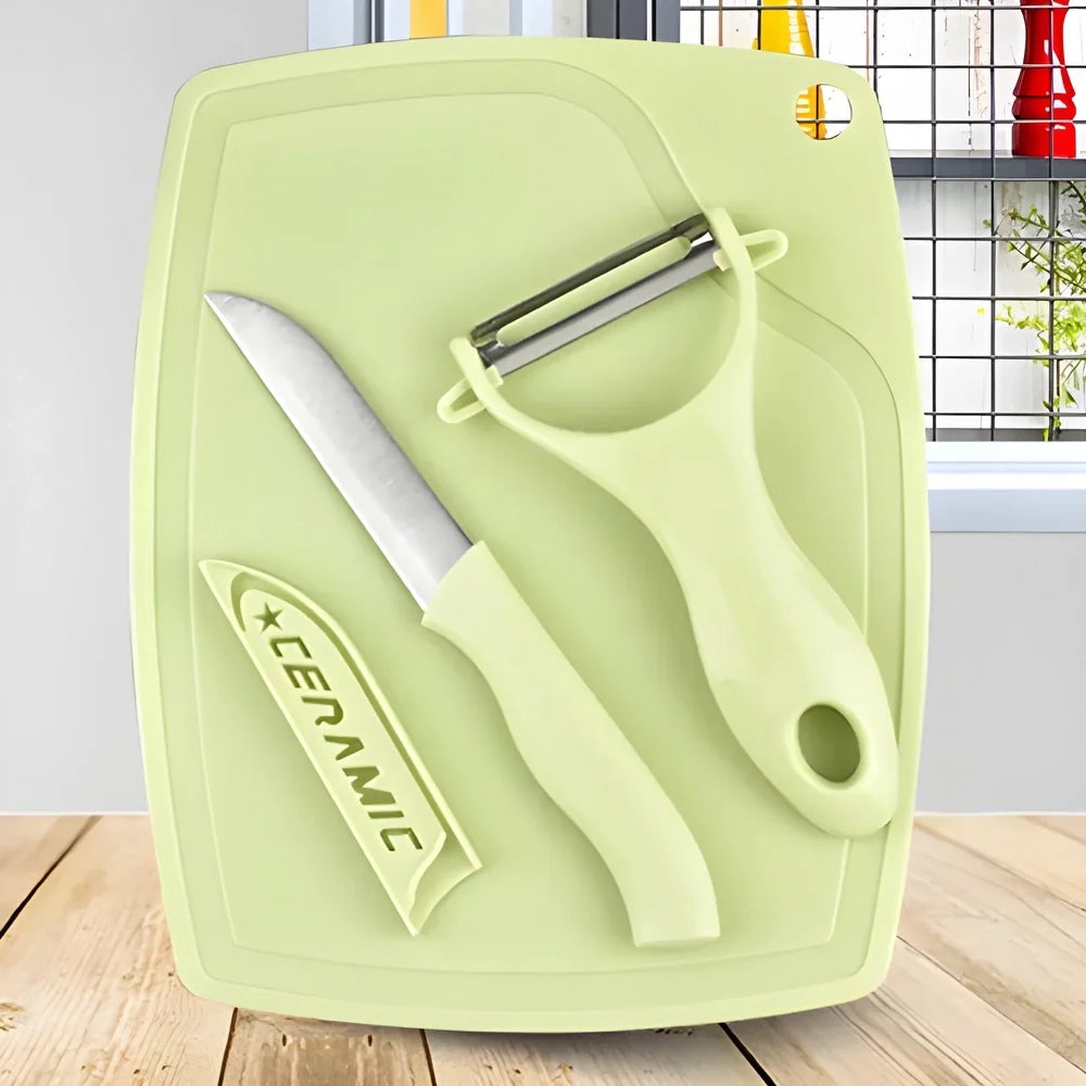 Light green peeler and ceramic knife on matching tray