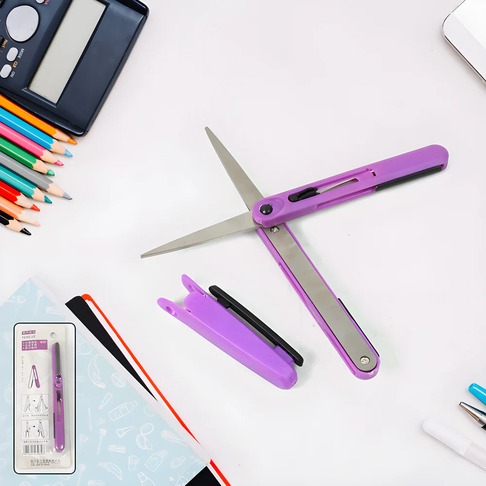 Purple pen-style travel scissors with folding safety design and pen clip