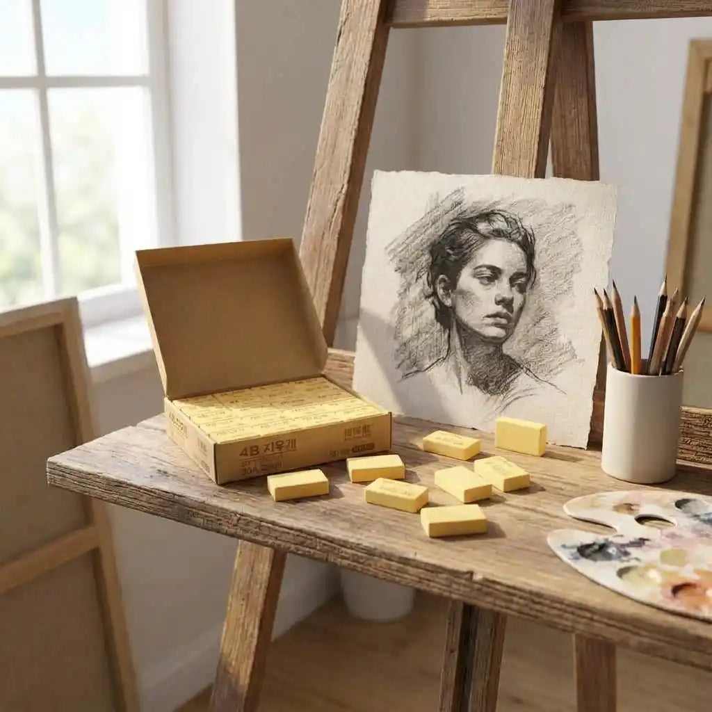 Pencil eraser blocks, yellow, in open cardboard box with loose blocks on desk