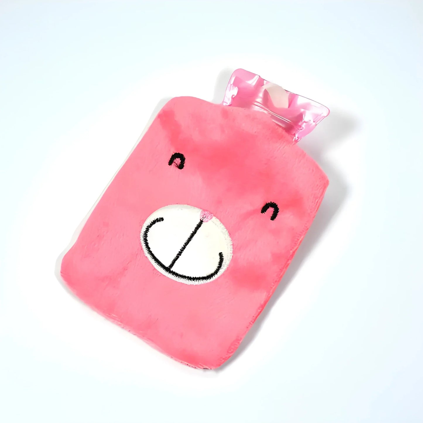 Pink cramp relief bag with cute stitched face and clear cap opening