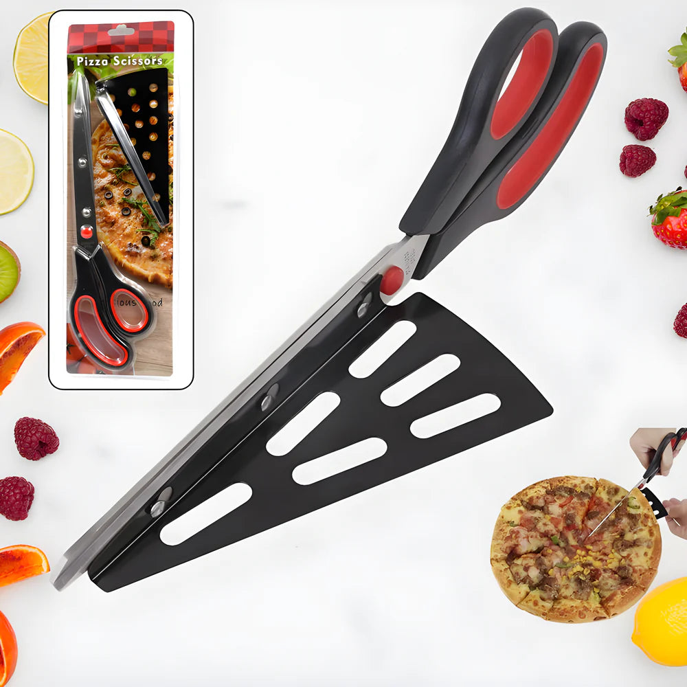 Pizza cutter scissors with black serrated blade and red-handled grips