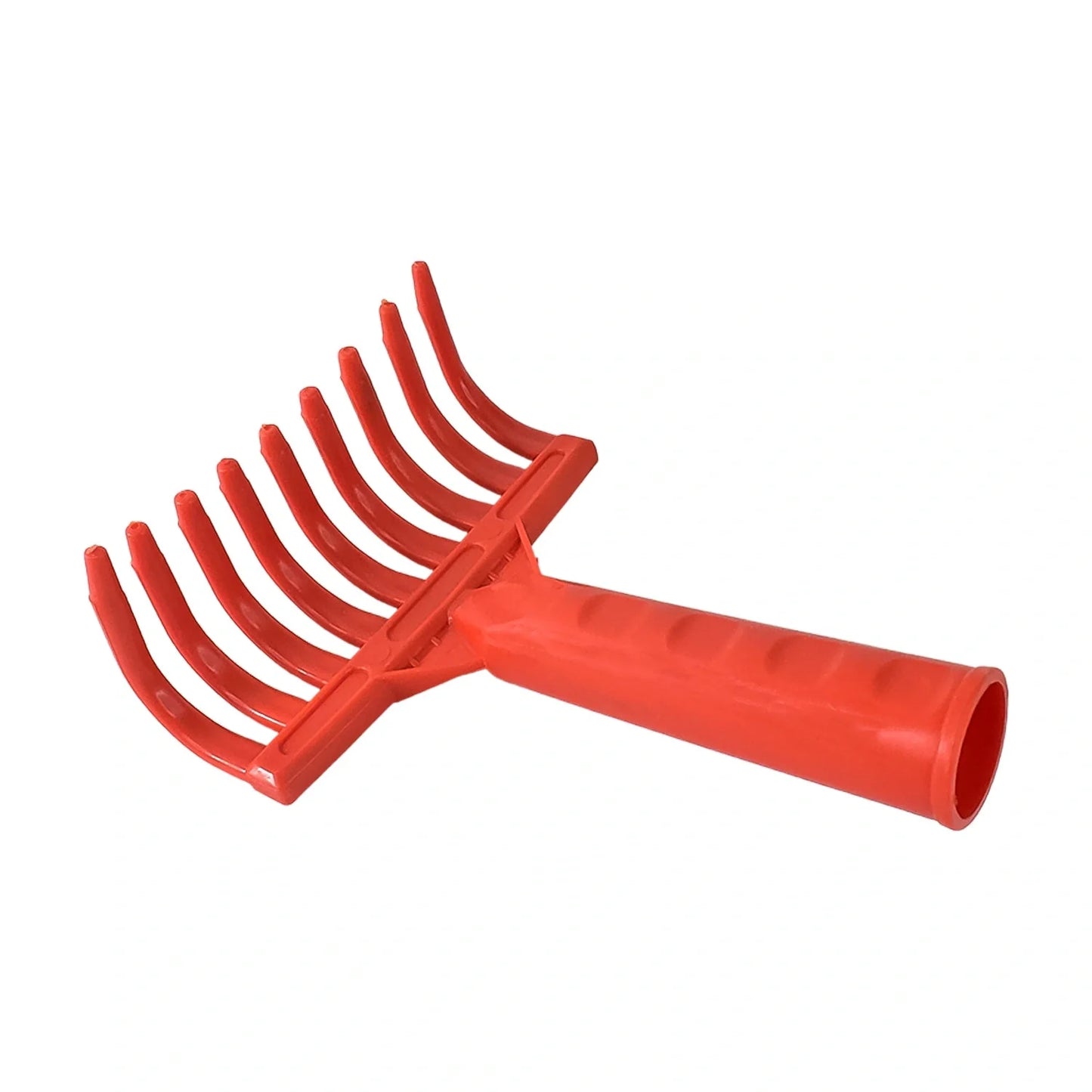 Red plastic 9-tooth garden hand rake with wide head and cylindrical handle