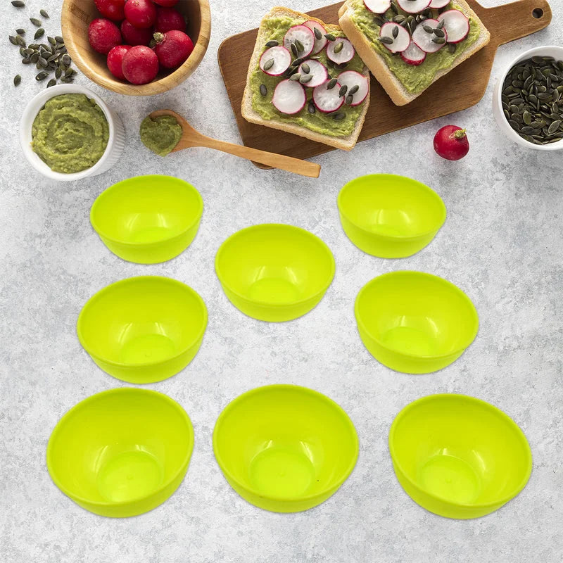 Lime green plastic chutney bowls set, small round shallow bowls with rims