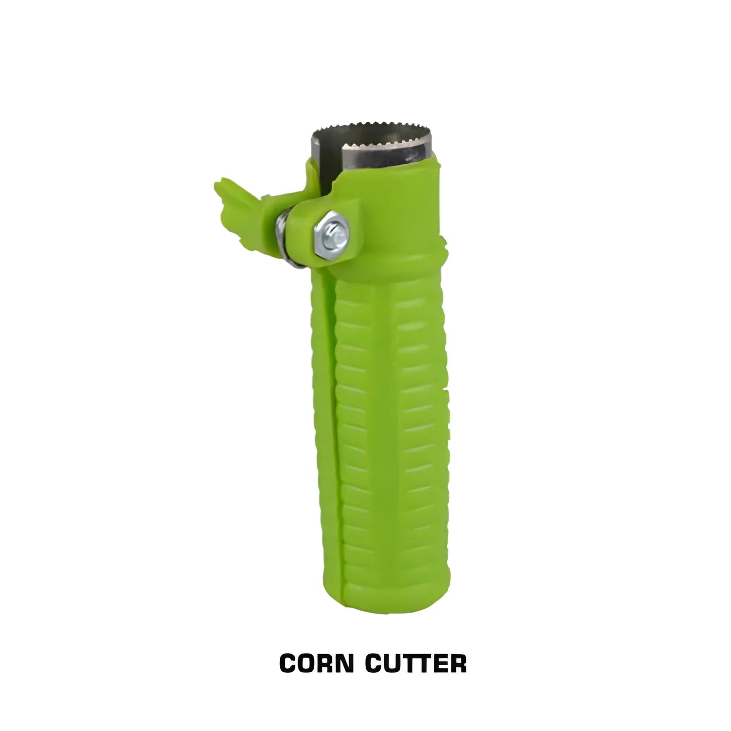 Handheld corn cutter with serrated blade, green ergonomic grip