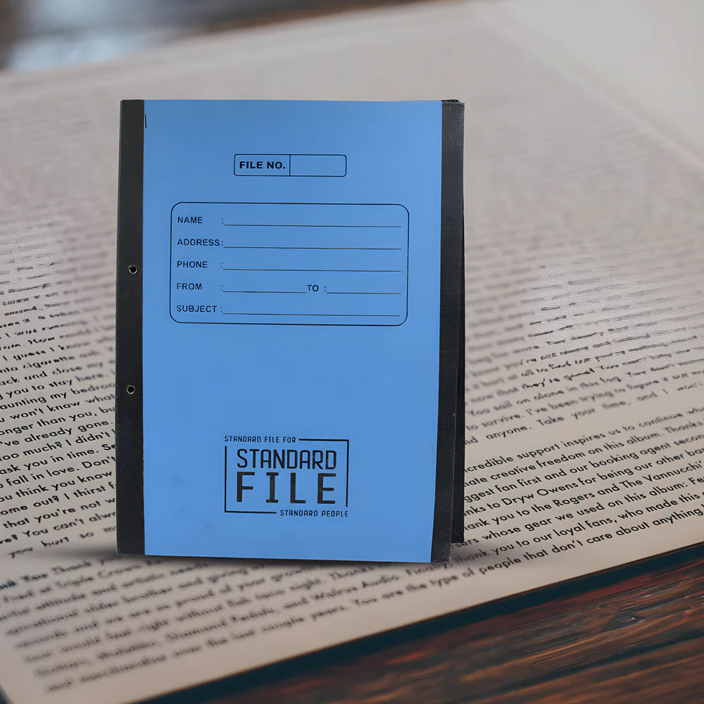 Blue plastic file folder with black spine, clear label area and standardized form