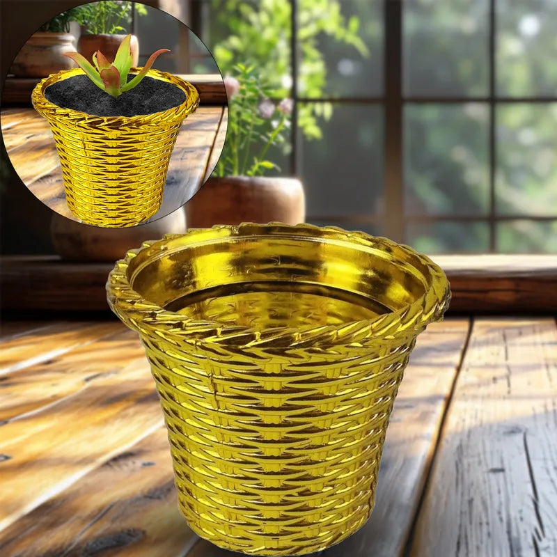 Yellow woven-look plastic flower pot with ridged sides and open top, holding a small plant.