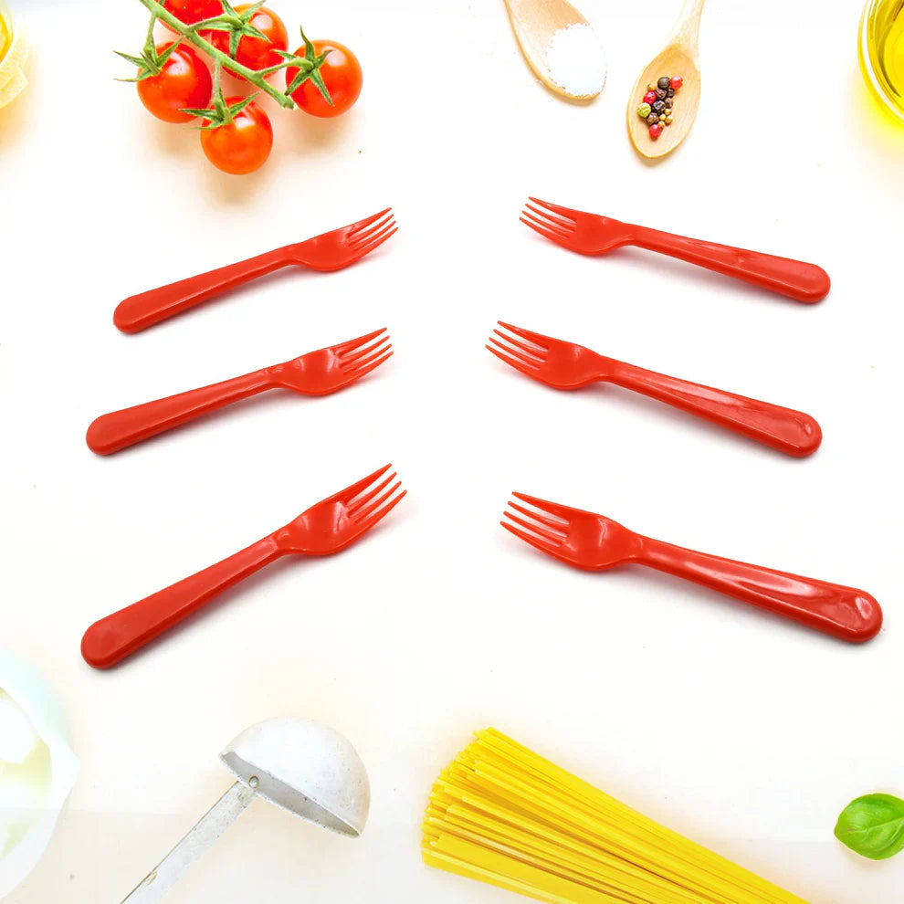 Red plastic fork set, 6-piece, multiple forks shown
