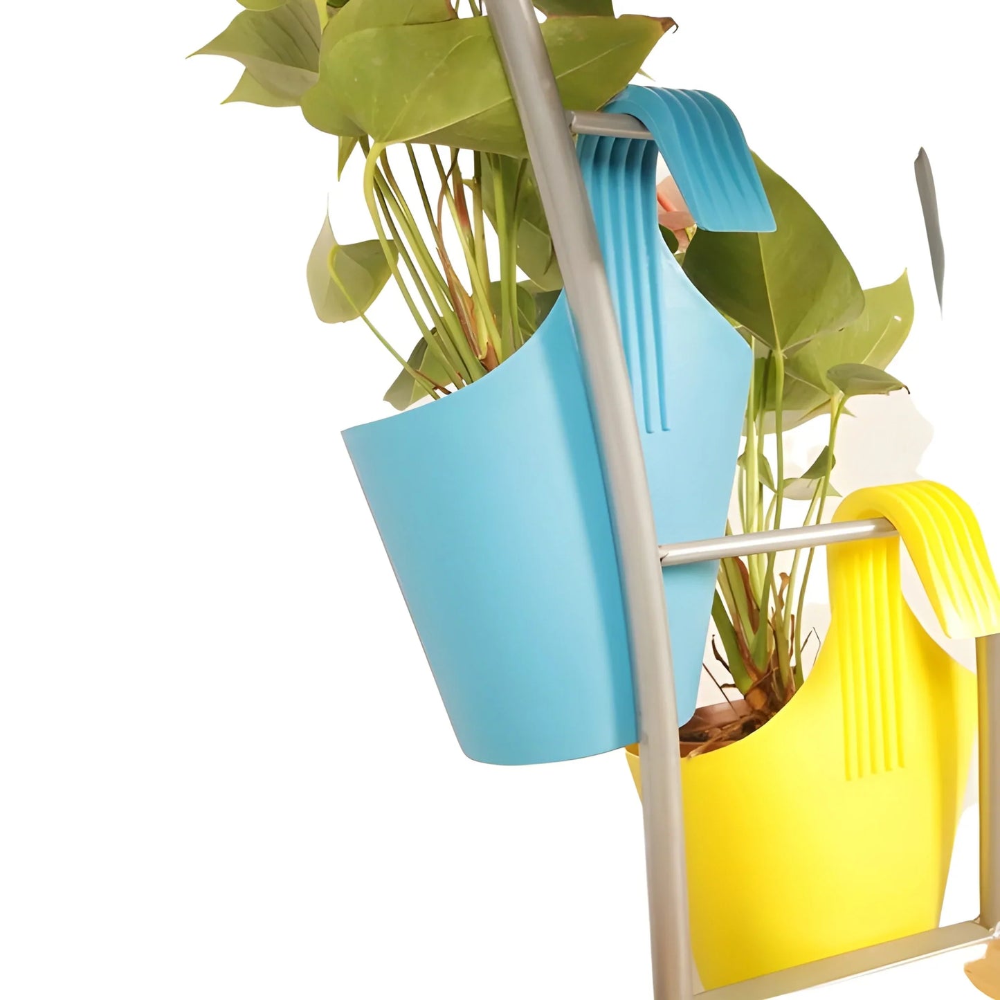 Blue plastic hanging planter pot with ribbed hanging loop and metal support bar