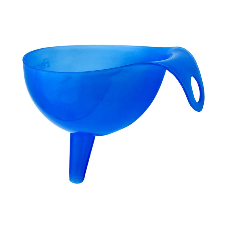 Blue plastic kitchen funnel with side handle