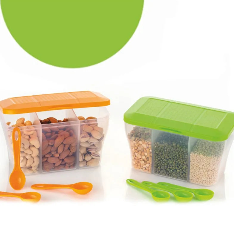 Plastic square storage container with clear body, green lid, and scoops