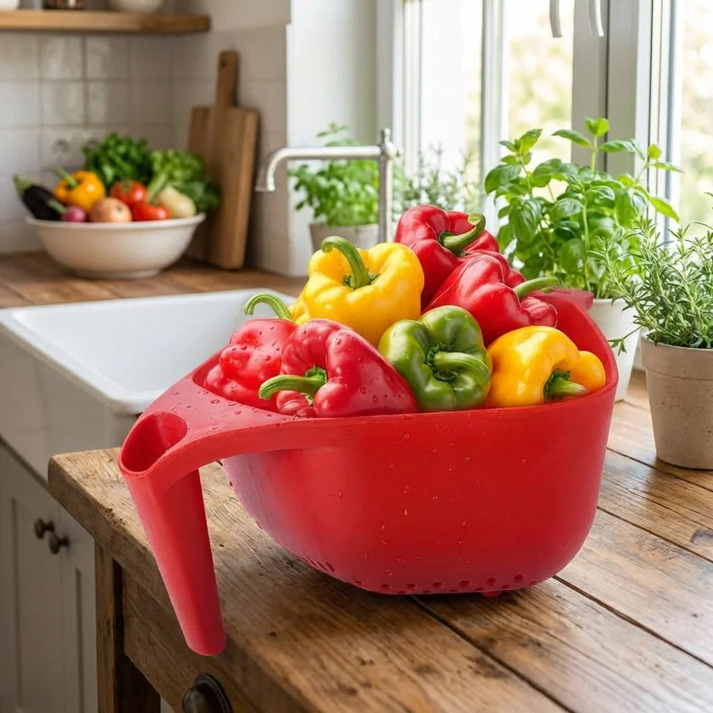 Red plastic strainer bowl with side handles holding mixed bell peppers