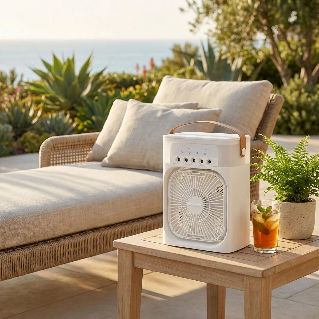 Portable air cooler with LED lights, white unit with front fan grille on a table