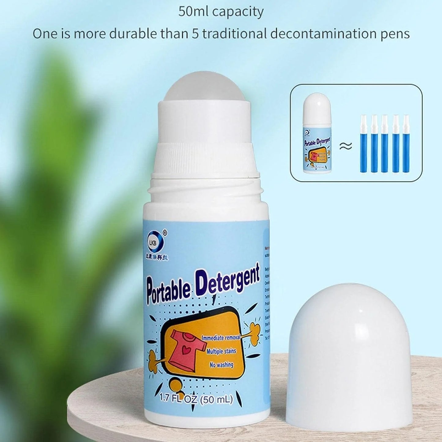 Portable liquid stain remover bottle, 50ml, light blue label with white cap