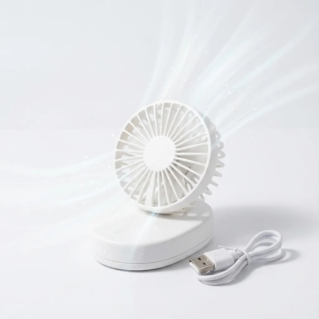 White USB fan with circular grille blowing airflow, with USB cable