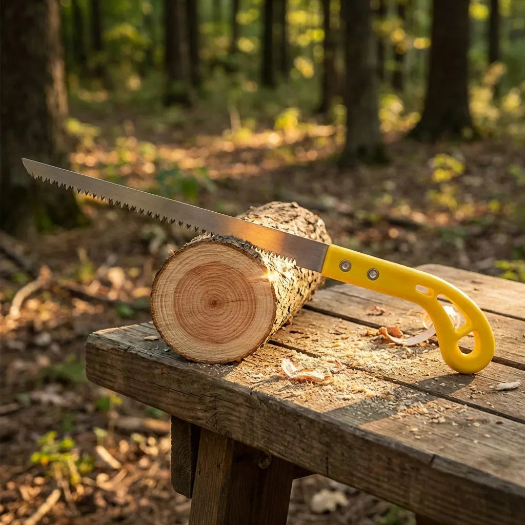 Garden hand saw with yellow handle and blade on outdoor log stump
