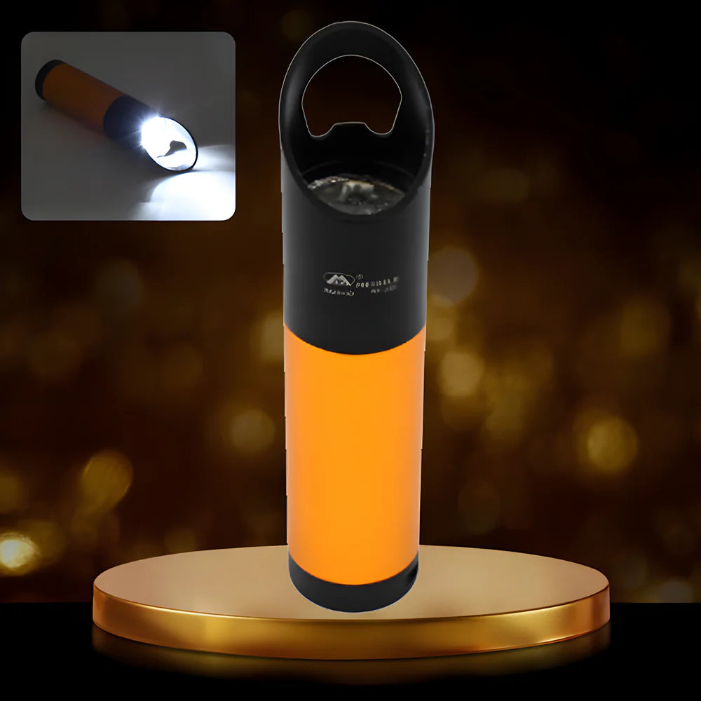 Portable LED torch with black head and orange body, lit beam at front