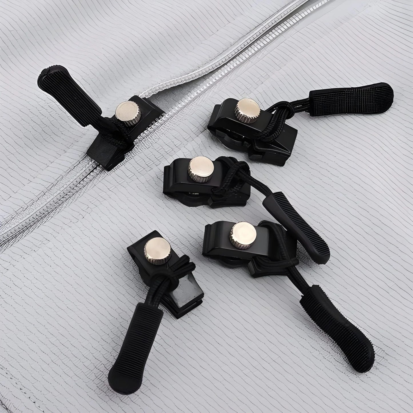 Universal zipper sliders with black pull straps and light beige end caps