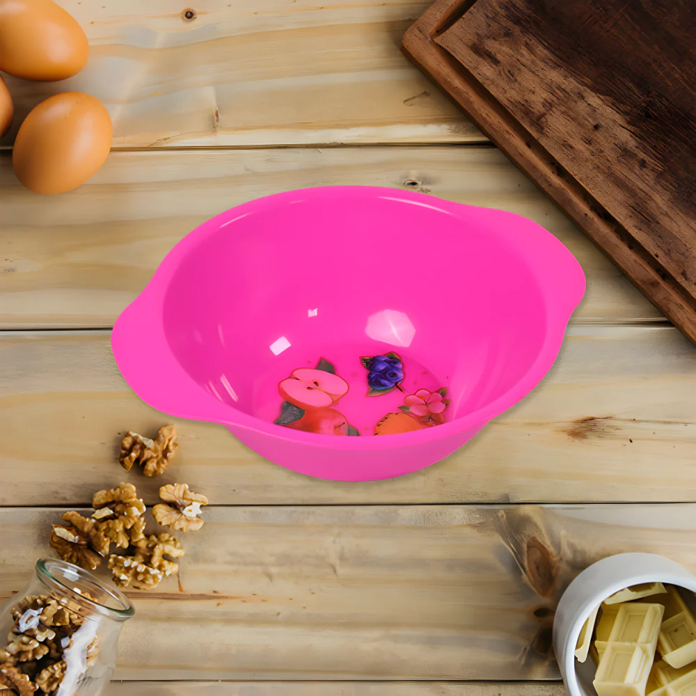 Pink portion-sized plastic bowl with glossy finish