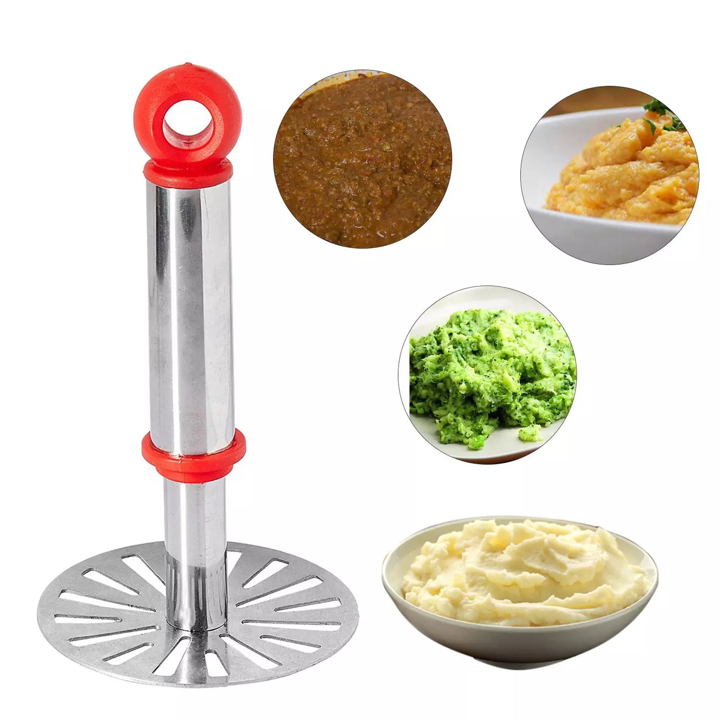 Potato pav bhaji masher with red handle and stainless steel star base