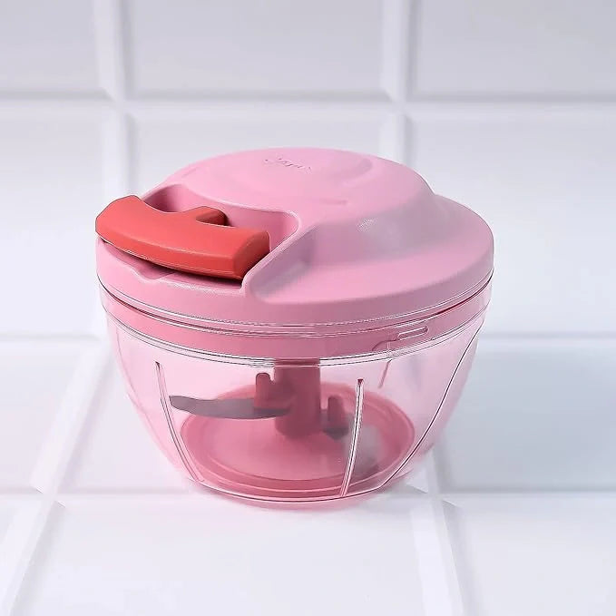 Pink 500ML veg chopper with transparent bowl and orange lid, push-handle attachment