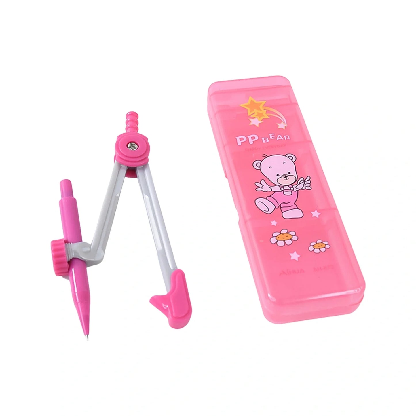Pink bear-themed 3-in-1 compass set with pencil and star case