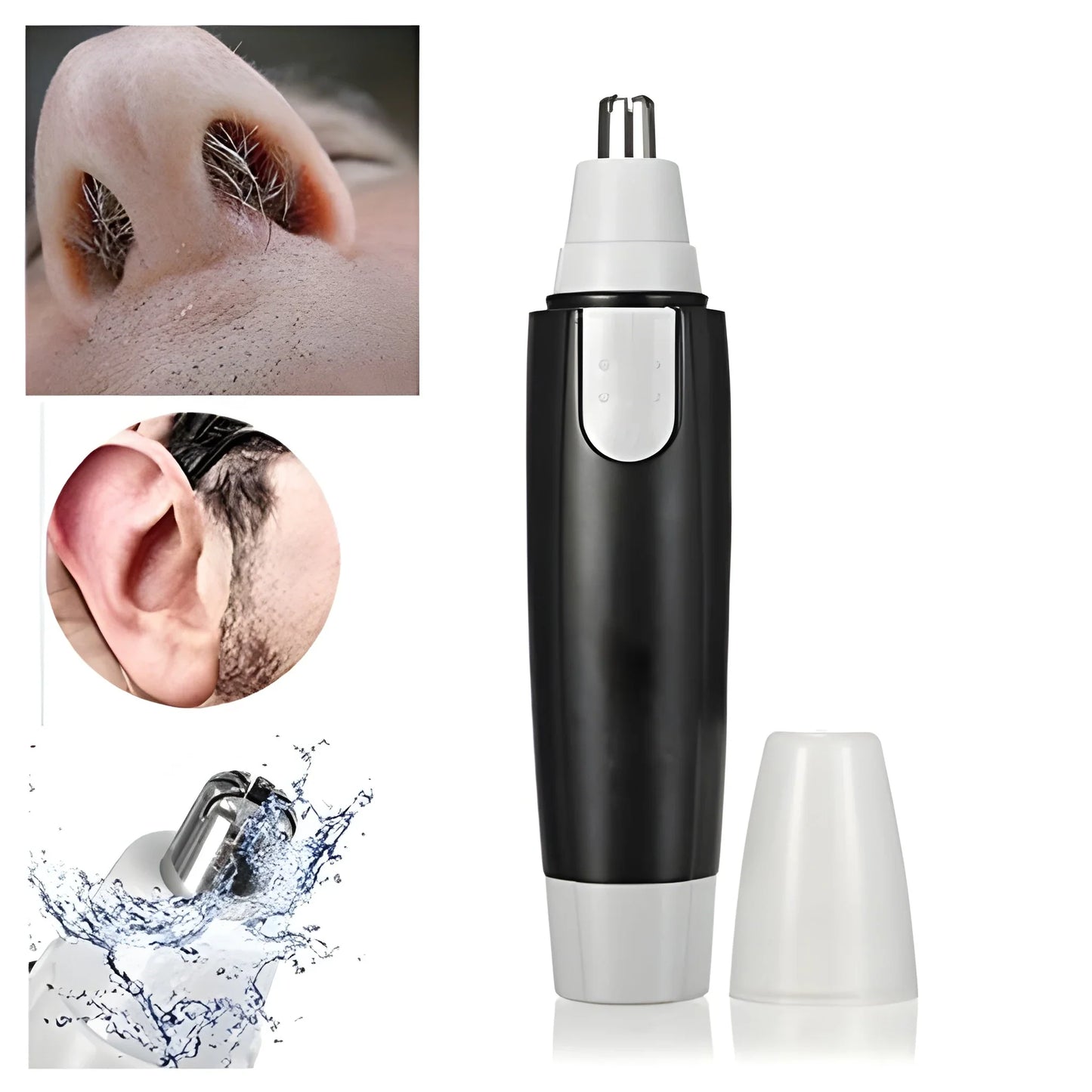Electric nose hair trimmer with removable protective guard and battery cap