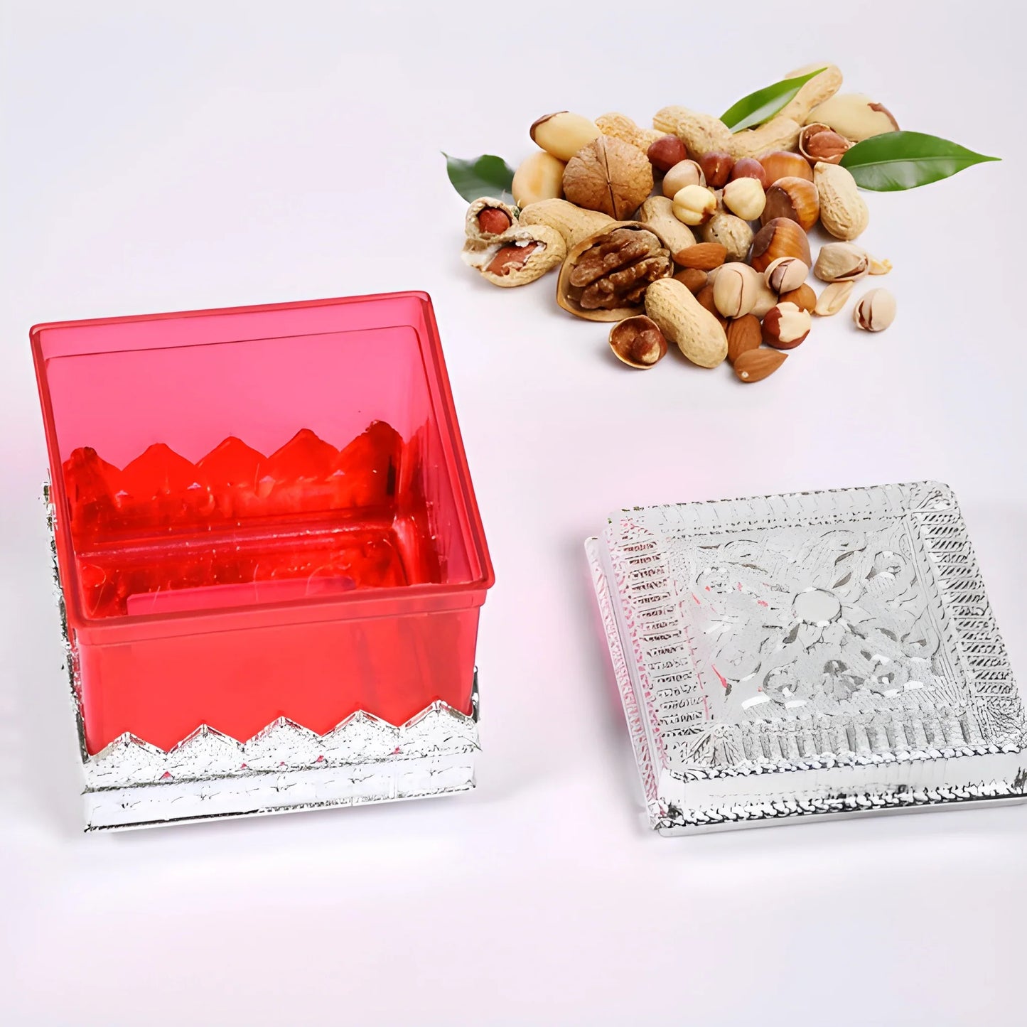 Rectangular airtight food container with clear red lid and white base
