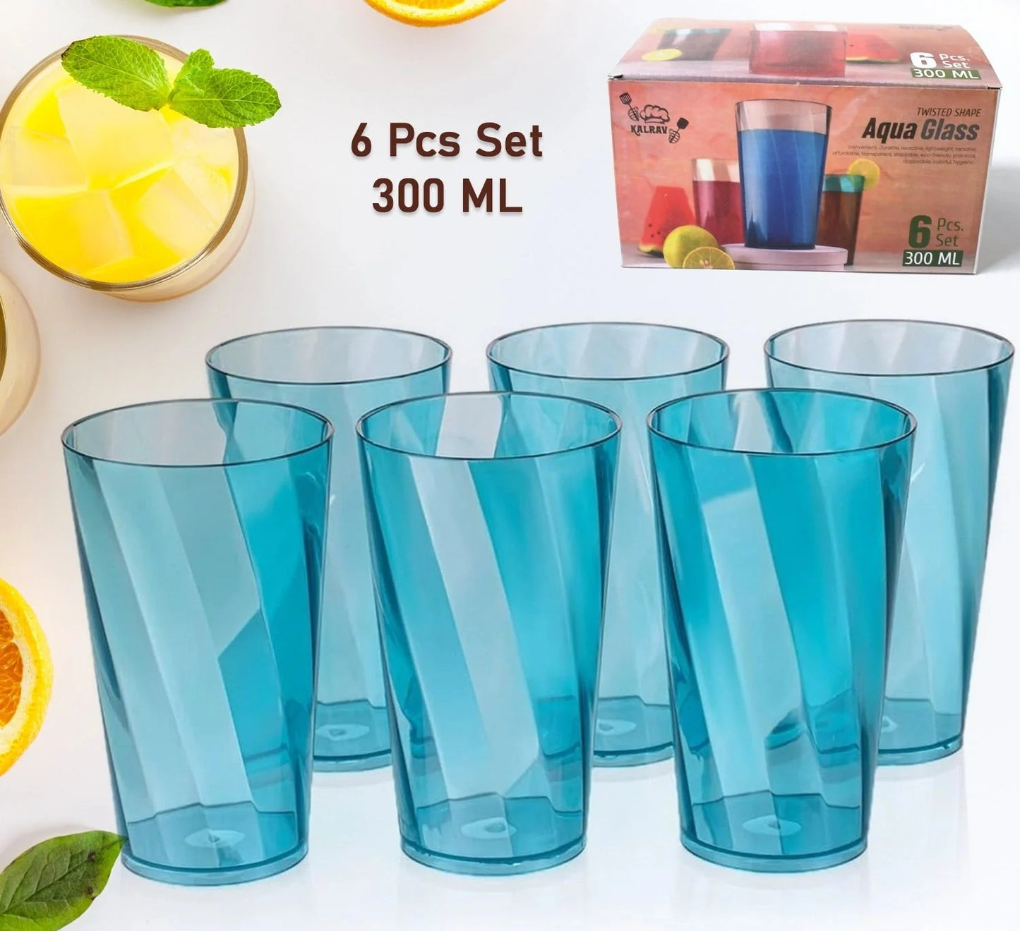 Set of 6 aqua blue glass cups, 300 ml each, clear drinking glasses with flared rims